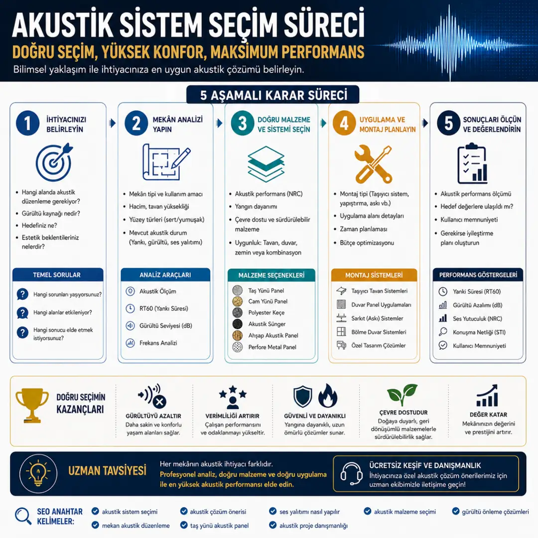 Akustik baffle tavan sistem seçim aşamalarını gösteren süreç diyagramı&nbsp;