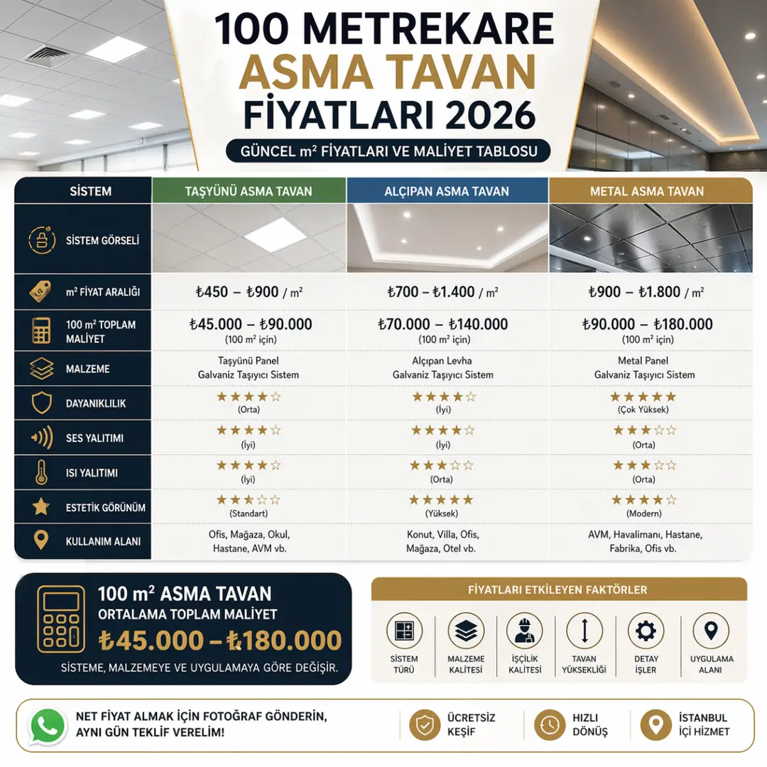 100 metrekare asma tavan fiyatları 2026 güncel m2 maliyet tablosu ve sistem karşılaştırması&nbsp;