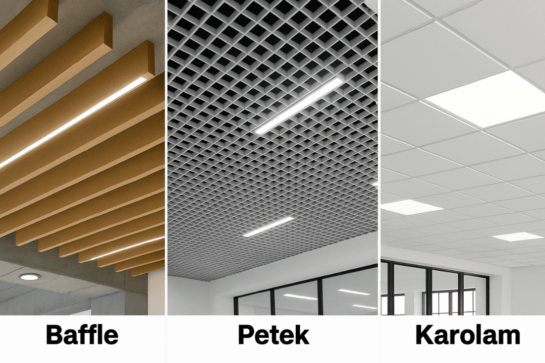 Alaşehir modern baffle, petek ve karolam asma tavan modelleriyle estetik, akustik ve enerji tasarruflu tavan çözümleri. 