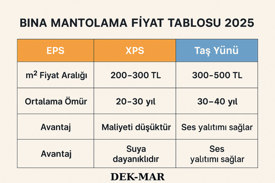 2025 mantolama fiyat tablosu: EPS, XPS ve taş yünü karşılaştırması. 