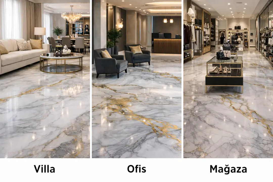 Mermer desenli epoksi zemin kaplama villa, ofis ve mağaza gibi iç mekânlarda modern ve lüks zemin çözümü sunar&nbsp;