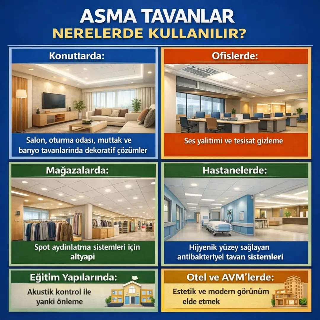 asma tavan kullanım alanları: konut, ofis, mağaza, hastane, okul ve AVM gibi yapılarda dekoratif ve akustik tavan çözümleri&nbsp;