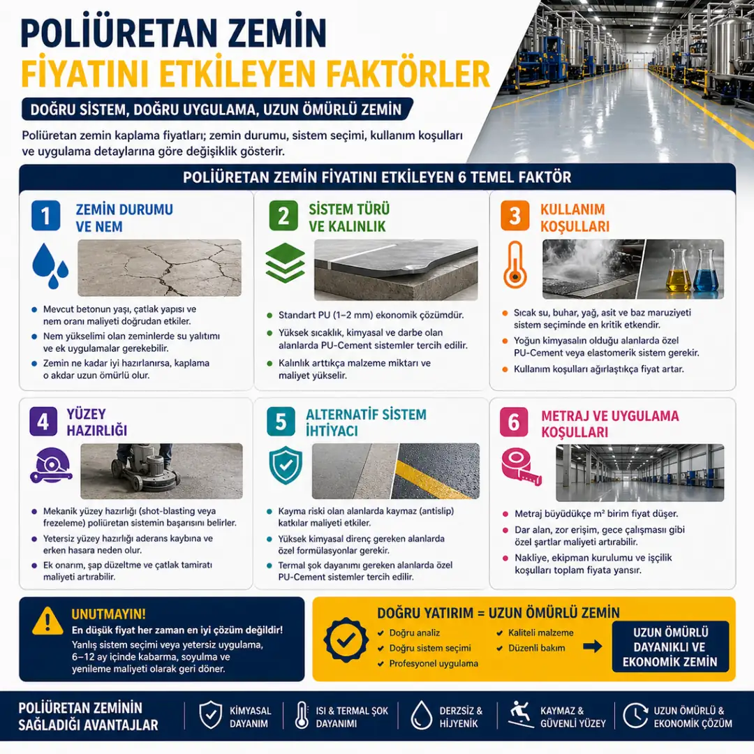 Poliüretan zemin fiyatını etkileyen faktörler zemin durumu kalınlık kimyasal dayanım ve metraj&nbsp;