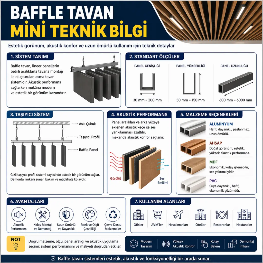baffle tavan teknik özellikleri panel ölçüleri akustik performans taşıyıcı sistem detayları&nbsp;