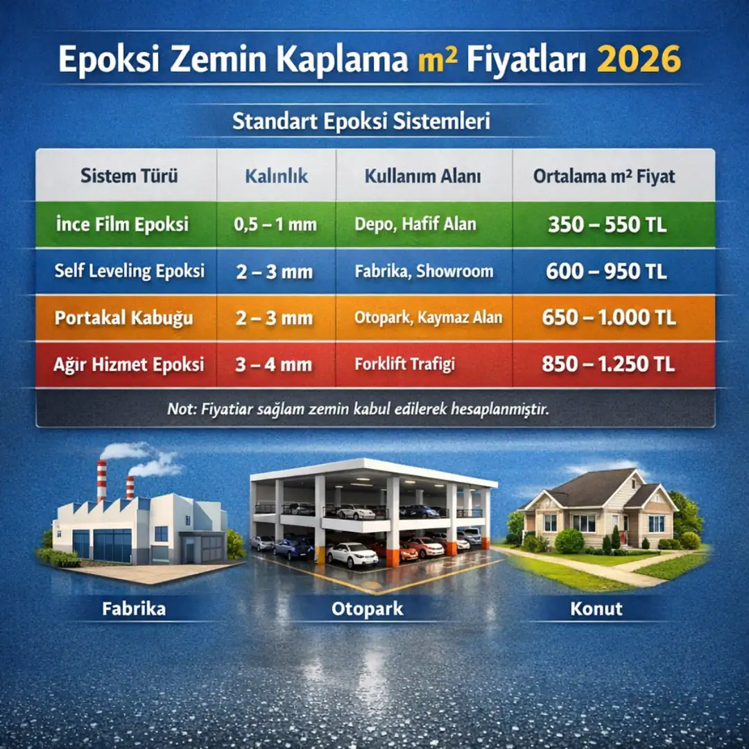 Epoksi zemin kaplama m2 fiyatları 2026 self leveling portakal kabuğu ağır hizmet karşılaştırma tablosu&nbsp;