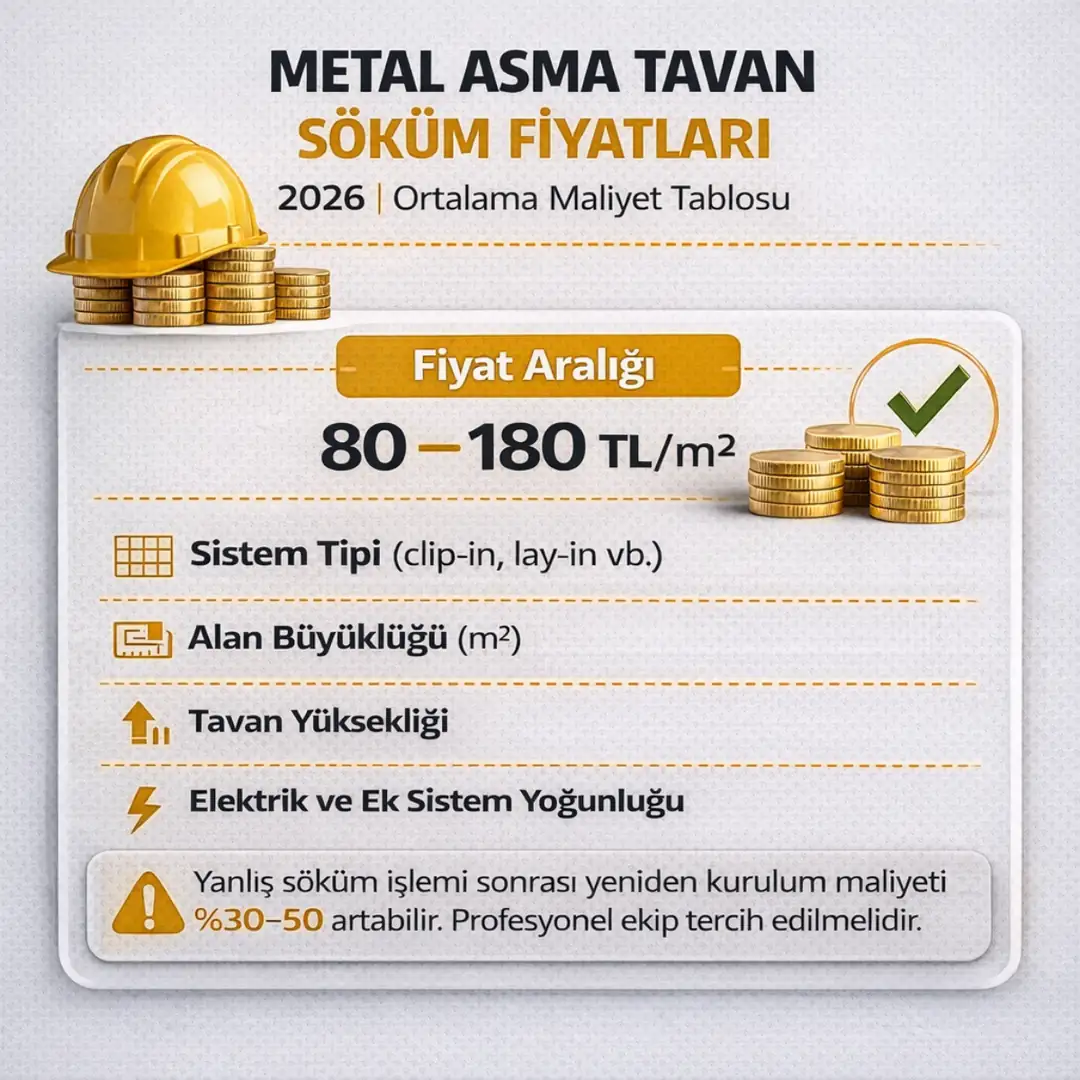 Metal asma tavan söküm fiyatları 2026 metrekare bazlı maliyet tablosu&nbsp;