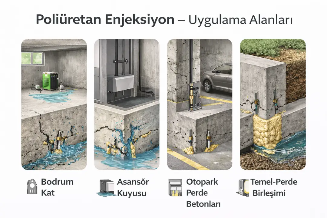 Poliüretan enjeksiyon uygulama alanları – bodrum kat, asansör kuyusu, otopark perde betonları ve temel-perde birleşimi