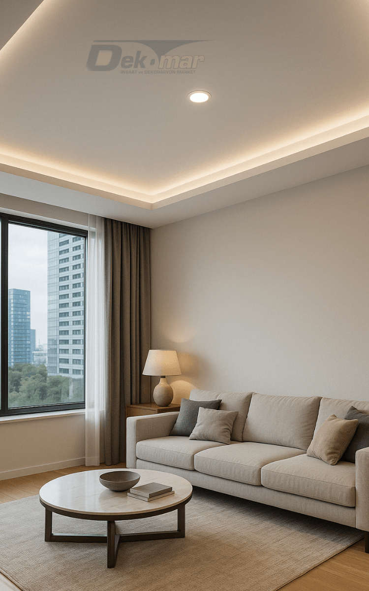 Bayraklı’da alçıpan tavan ve LED aydınlatmalı modern salon tasarımı – rezidans projeleri için estetik ve fonksiyonel çözüm.
