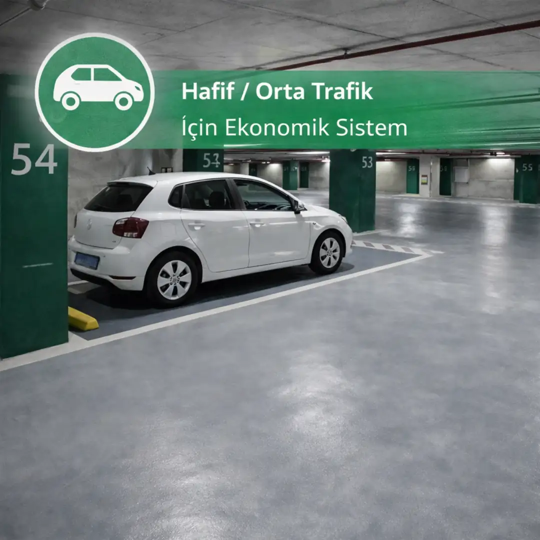 Hafif ve orta trafik için Mapefloor Parking System RLT epoksi otopark zemin kaplama uygulaması