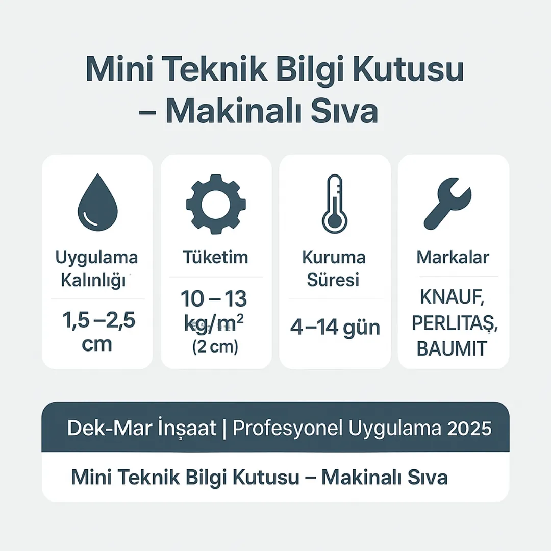 Makinalı sıva teknik bilgi kutusu – alçı ve kara sıva uygulaması – Dek-Mar İnşaat 2025