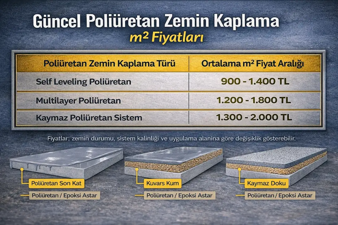 Güncel poliüretan zemin kaplama m2 fiyatları; self leveling, multilayer ve kaymaz poliüretan sistemlere göre tablo