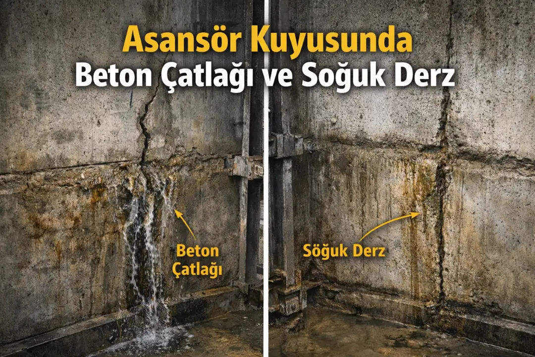 Asansör boşluğunda beton çatlağı ve soğuk derzden su girişi detayı
