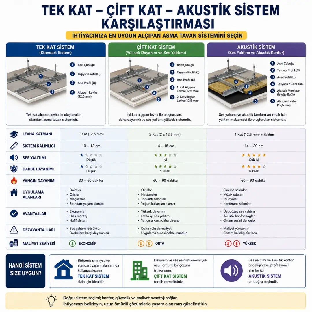 Tek kat çift kat ve akustik alçıpan tavan karşılaştırması&nbsp;
