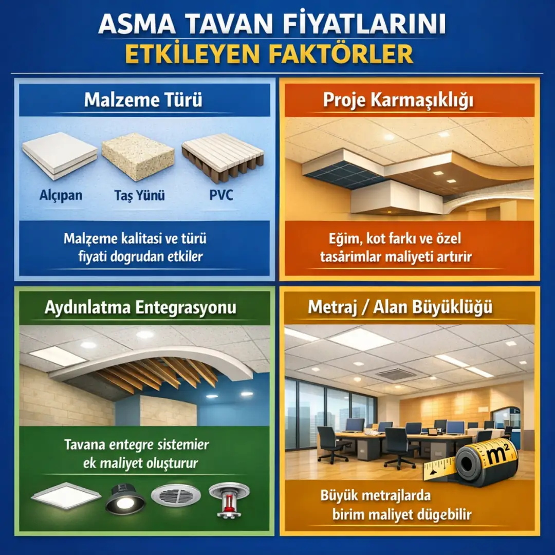 Asma tavan fiyatlarını etkileyen faktörler: malzeme türü, proje karmaşıklığı, aydınlatma entegrasyonu ve uygulama metrajı&nbsp;