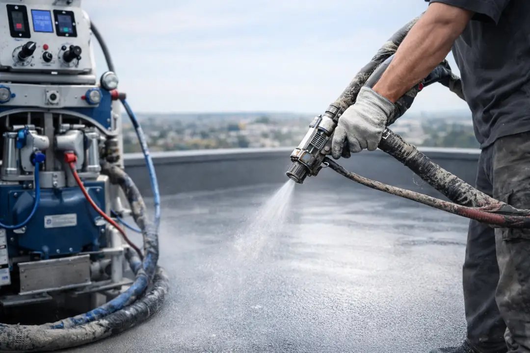 Polyurea sprey makinesi ile teras yüzeyine yapılan su yalıtımı uygulaması&nbsp;