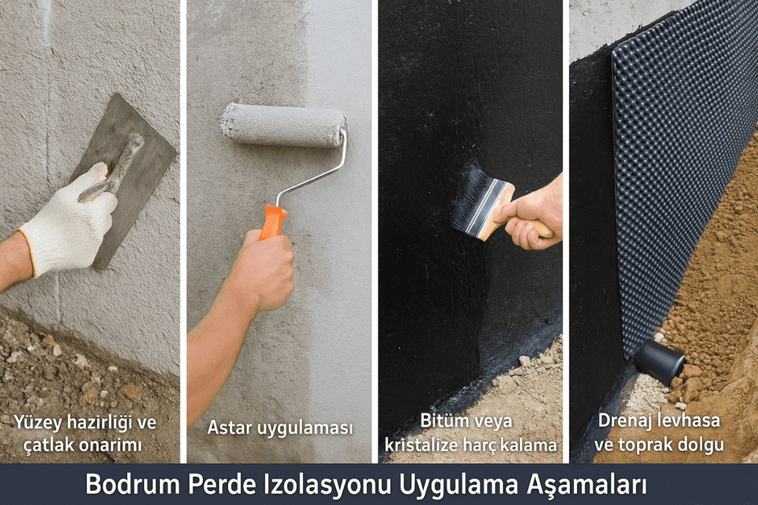 Bodrum perde izolasyonu uygulama aşamaları – yüzey hazırlığı, astar, yalıtım ve drenaj uygulaması.