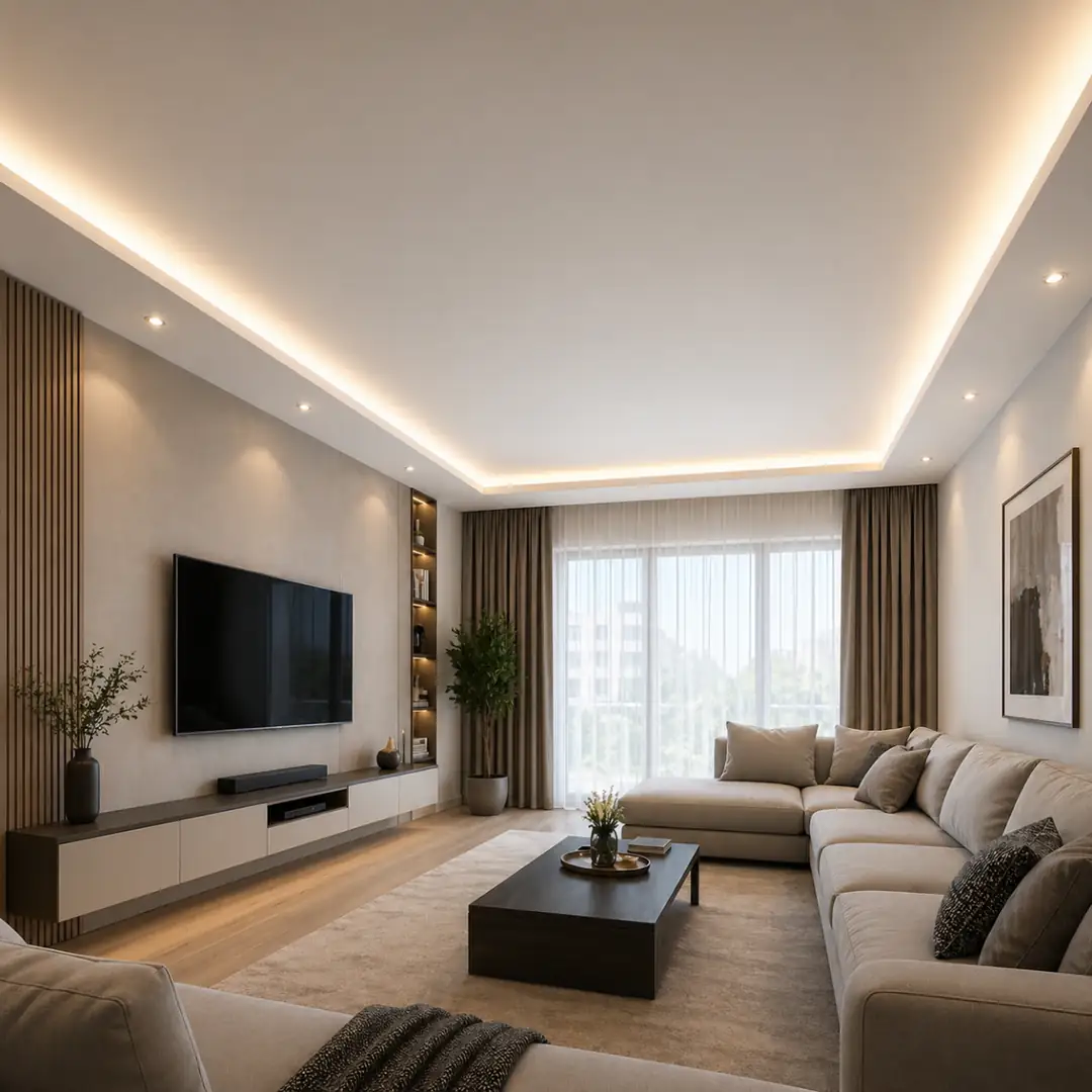 düz beyaz salon asma tavan gizli led aydınlatmalı modern tasarım&nbsp;