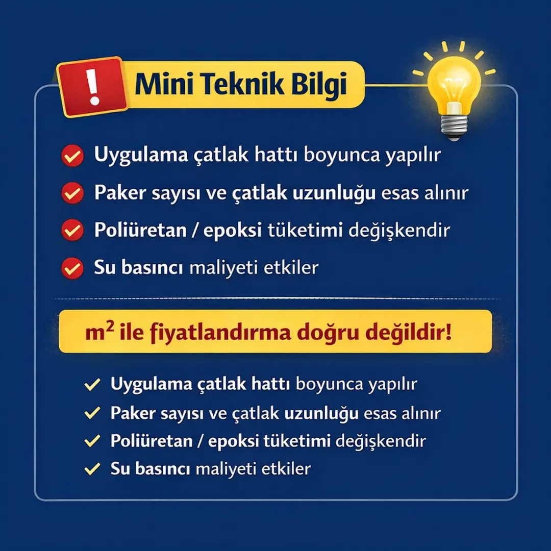 “Enjeksiyon su yalıtımı uygulama esasları, paker sayısı ve çatlak uzunluğuna göre fiyatlandırma mantığını özetler.”