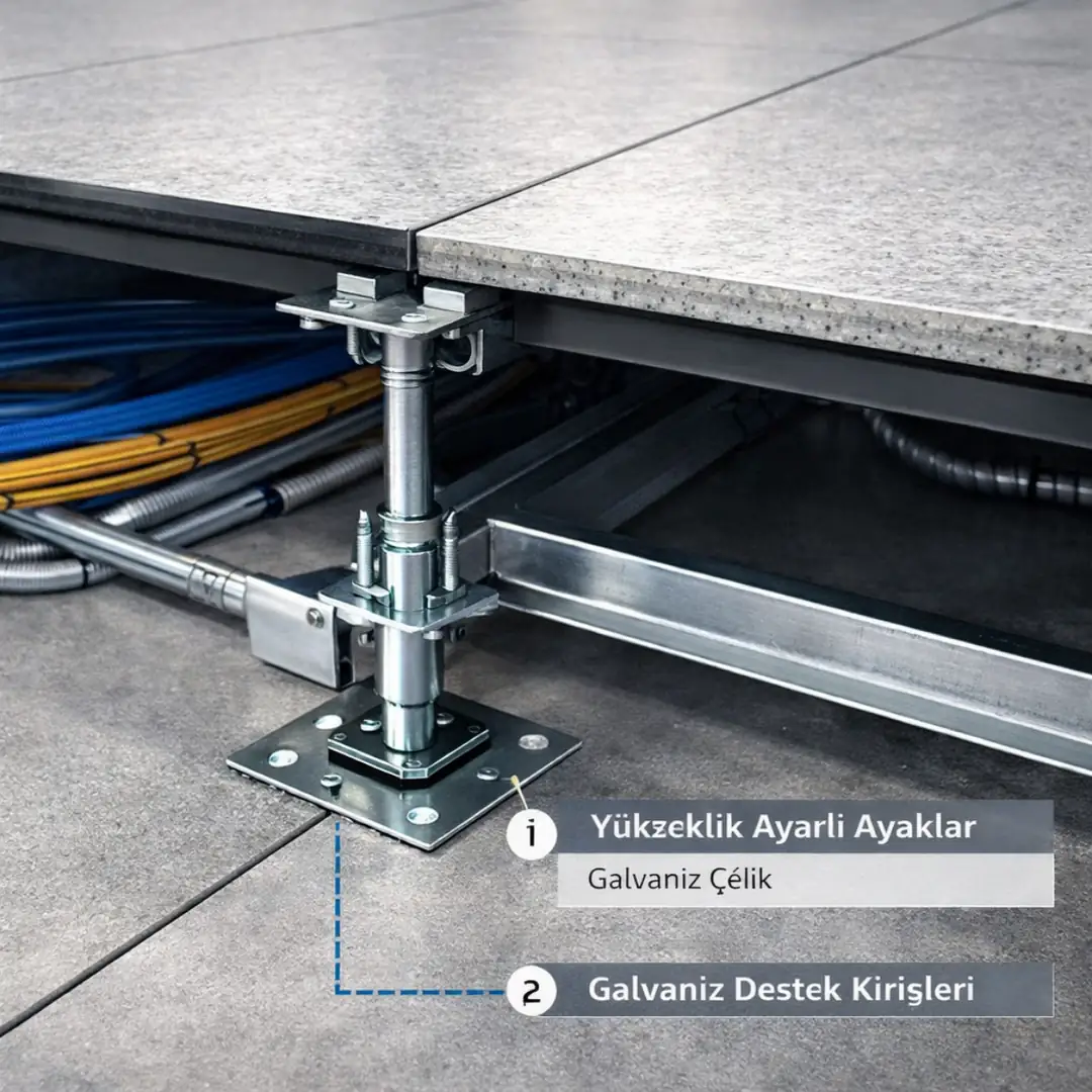 Yükseltilmiş döşeme çelik ayak sistemi ve taşıyıcı pedestal yapısı detay görünüm