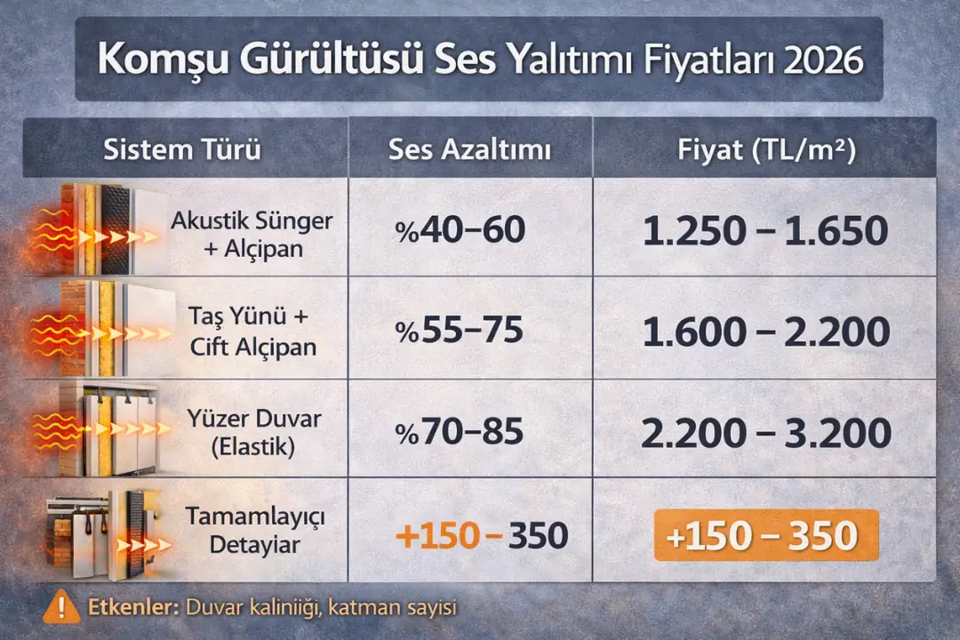 Komşu gürültüsü ses yalıtımı 2026 m2 fiyatları ve sistem karşılaştırması