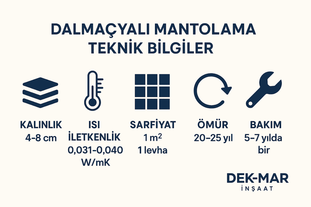 Dalmaçyalı mantolama teknik bilgileri: kalınlık, ısı iletkenlik, sarfiyat, ömür, bakım.