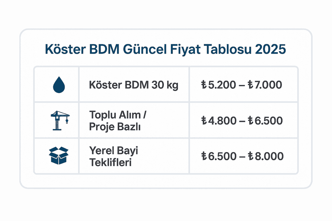 Köster BDM 2025 fiyat tablosu: 30 kg bidon, proje bazlı ve bayi fiyatları. 