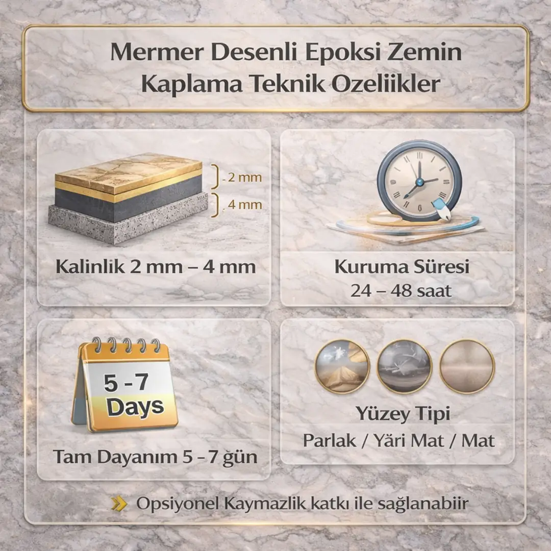 Mermer desenli epoksi zemin kaplama teknik özellikleri kalınlık kuruma süresi ve dayanım bilgileri&nbsp;
