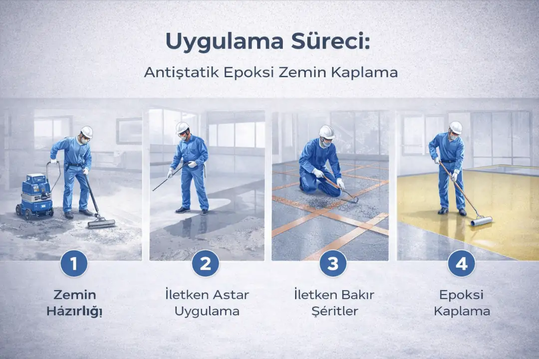 Epoksi zemin kaplama uygulama sürecinde çivili ayakkabı ile yapılan profesyonel saha uygulaması Sarıyer