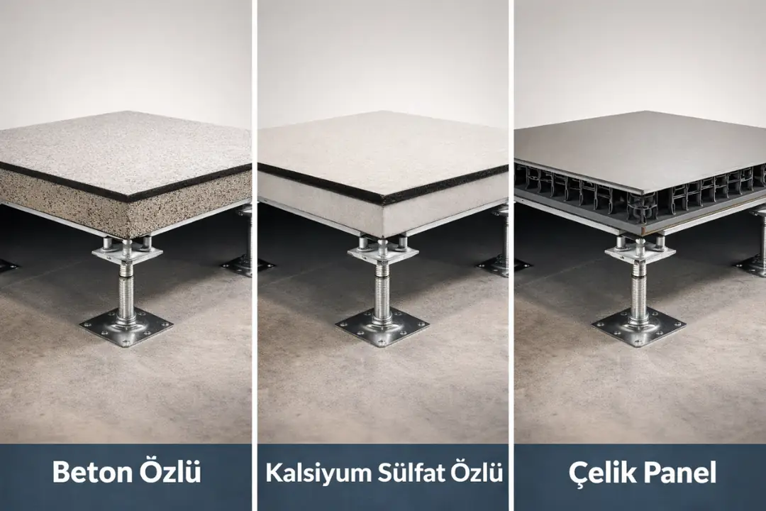 Beton özlü, kalsiyum sülfat ve çelik panel yükseltilmiş döşeme türleri