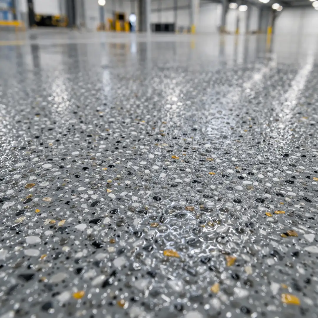 Kuvars agregalı epoksi zemin kaplama yüzey detayı kaymaz yapı ve pütürlü doku örneği&nbsp;