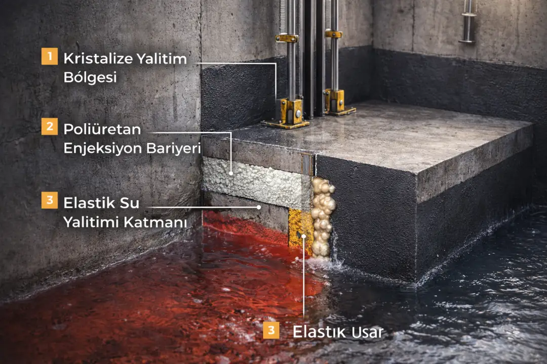 Asansör kuyusu su yalıtımı kesit detayı&nbsp;