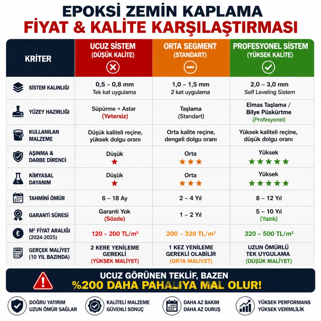 Ucuz orta segment ve profesyonel epoksi kaplama fiyat kalite karşılaştırması&nbsp;