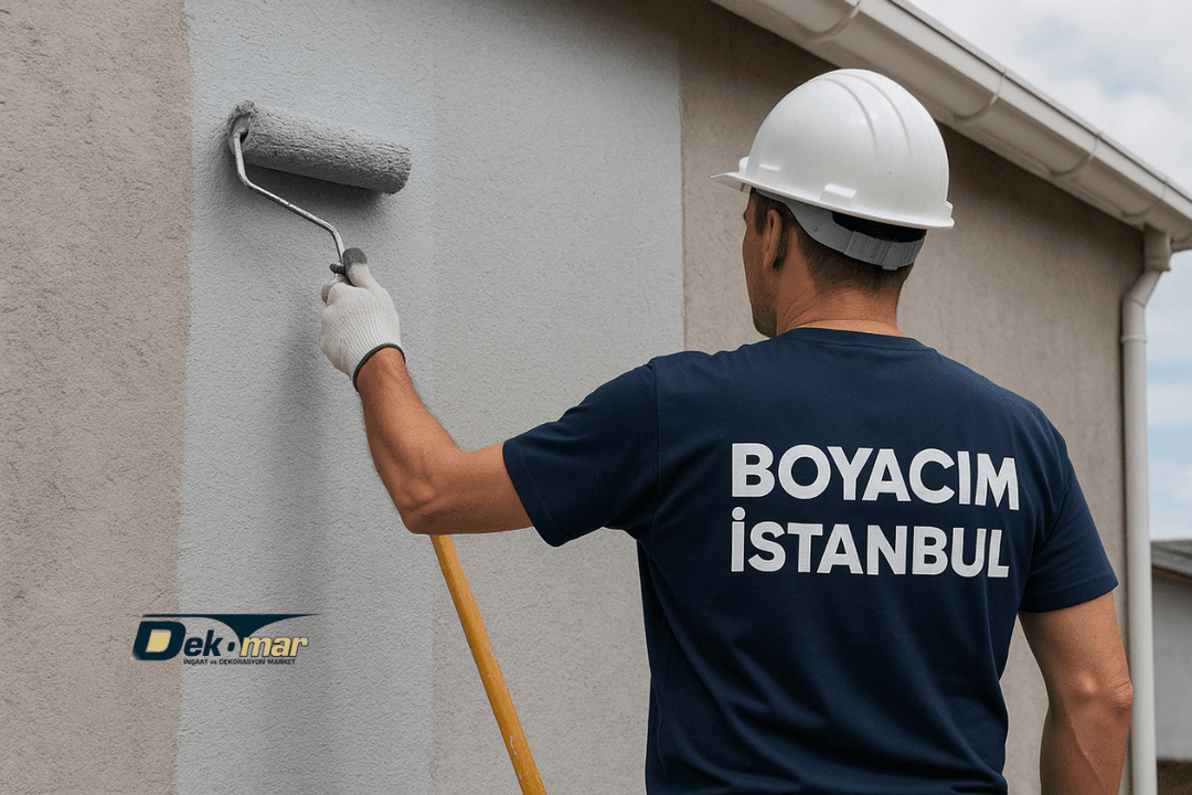 Boyacım İstanbul ustası, dış cephede gri tonlu boya uygulamasını rulo ile düzgün ve profesyonel biçimde yaparken dikkatle çalışıyor. 