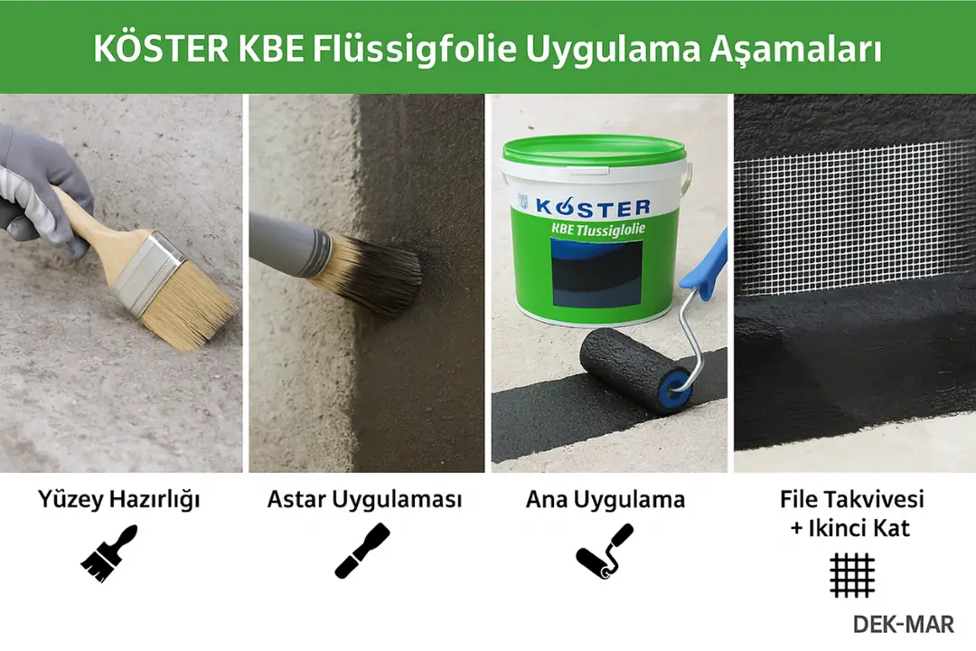 KÖSTER KBE Flüssigfolie uygulama aşamaları: yüzey hazırlığı, astar, ana uygulama ve file takviyesi ile ikinci kat.