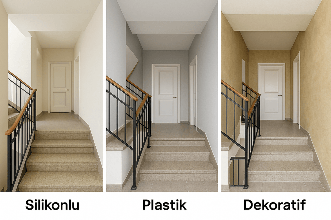 Silikonlu, plastik ve dekoratif boyaların iç cephe uygulama örnekleri yan yana karşılaştırılmış. 