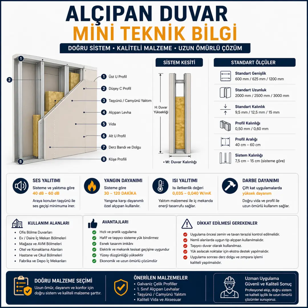 Alçıpan duvar teknik özellikler kalınlık profil aralığı ses yalıtımı&nbsp;