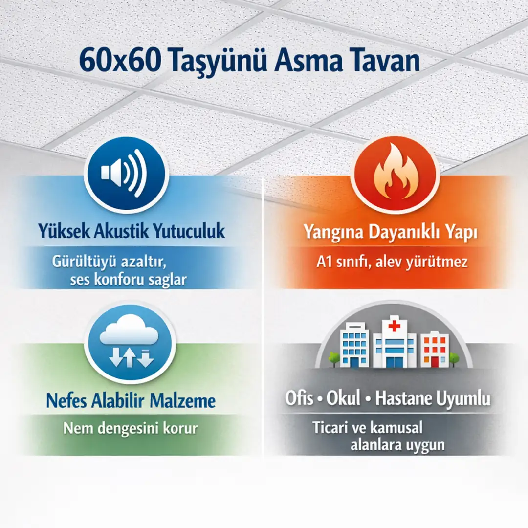 “60x60 taşyünü asma tavan – akustik yutuculuk, yangına dayanım, nefes alabilir yapı ve ofis okul hastane uyumu”