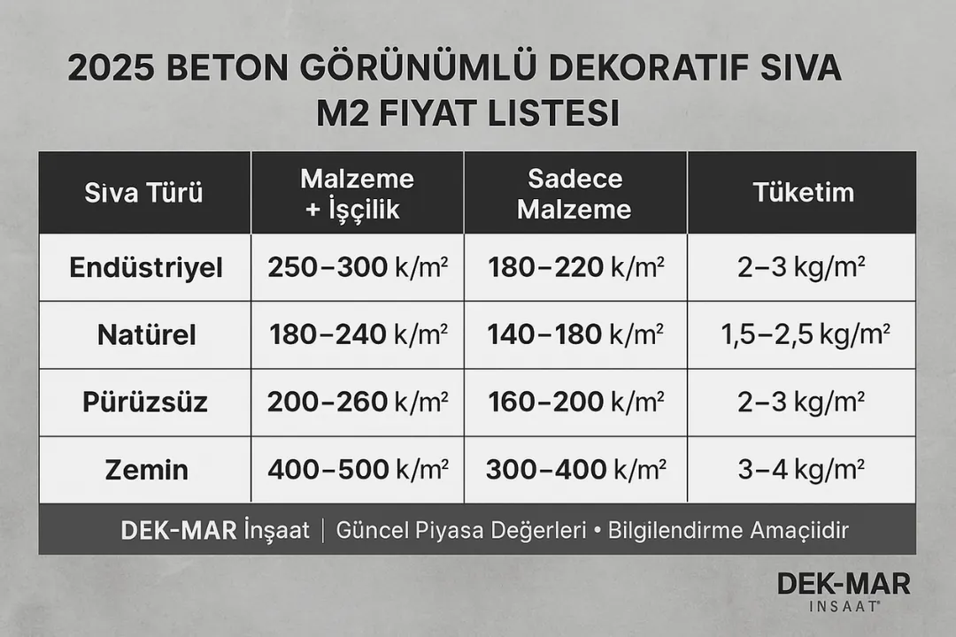 2025 beton görünümlü dekoratif sıva fiyat tablosu – Dek-Mar İnşaat güncel m² fiyatları, tüketim oranları ve uygulama bilgileri