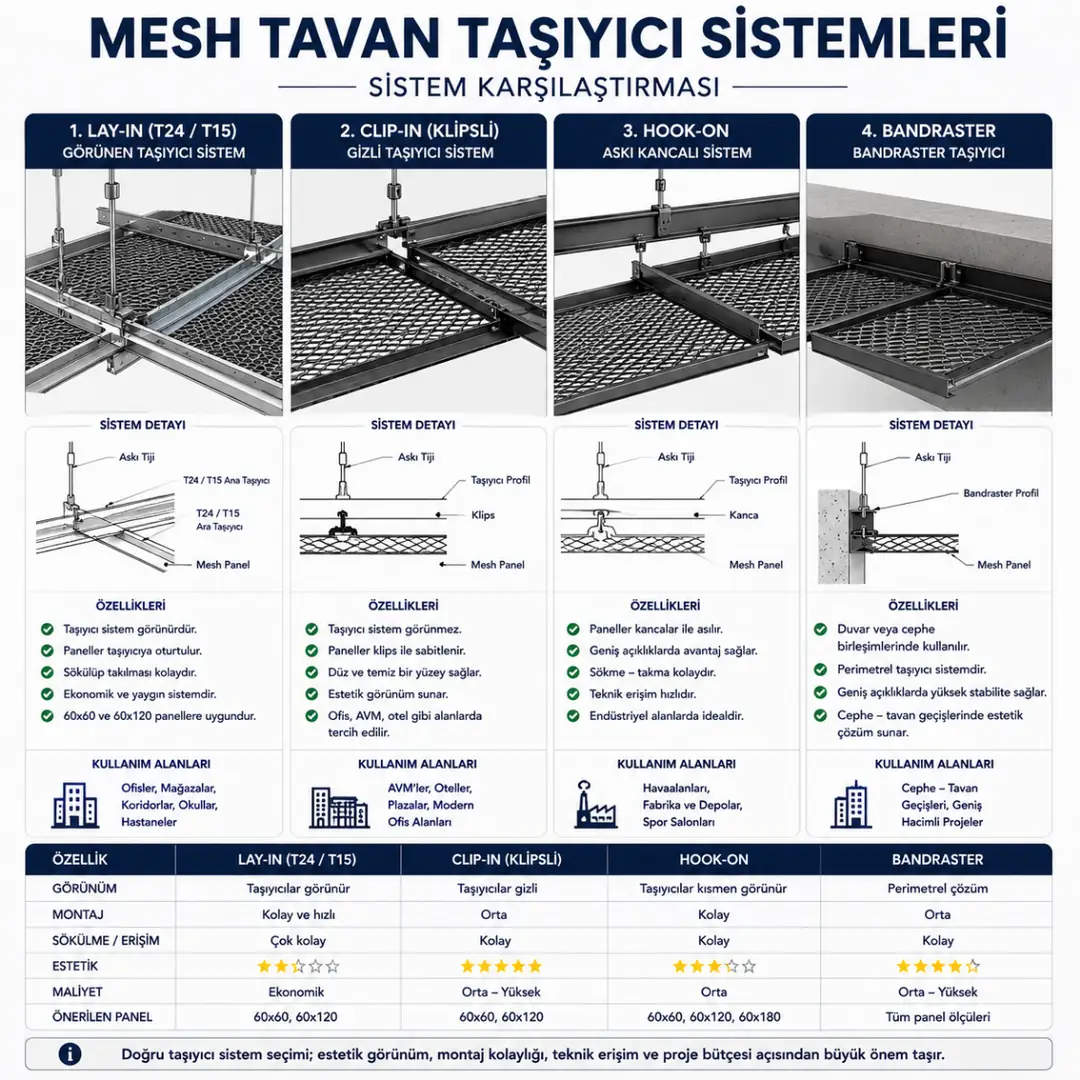 Mesh tavan taşıyıcı sistemleri karşılaştırması; Lay-In, Clip-In, Hook-On ve Bandraster sistemlerinin montaj ve görünüm farkları&nbsp;