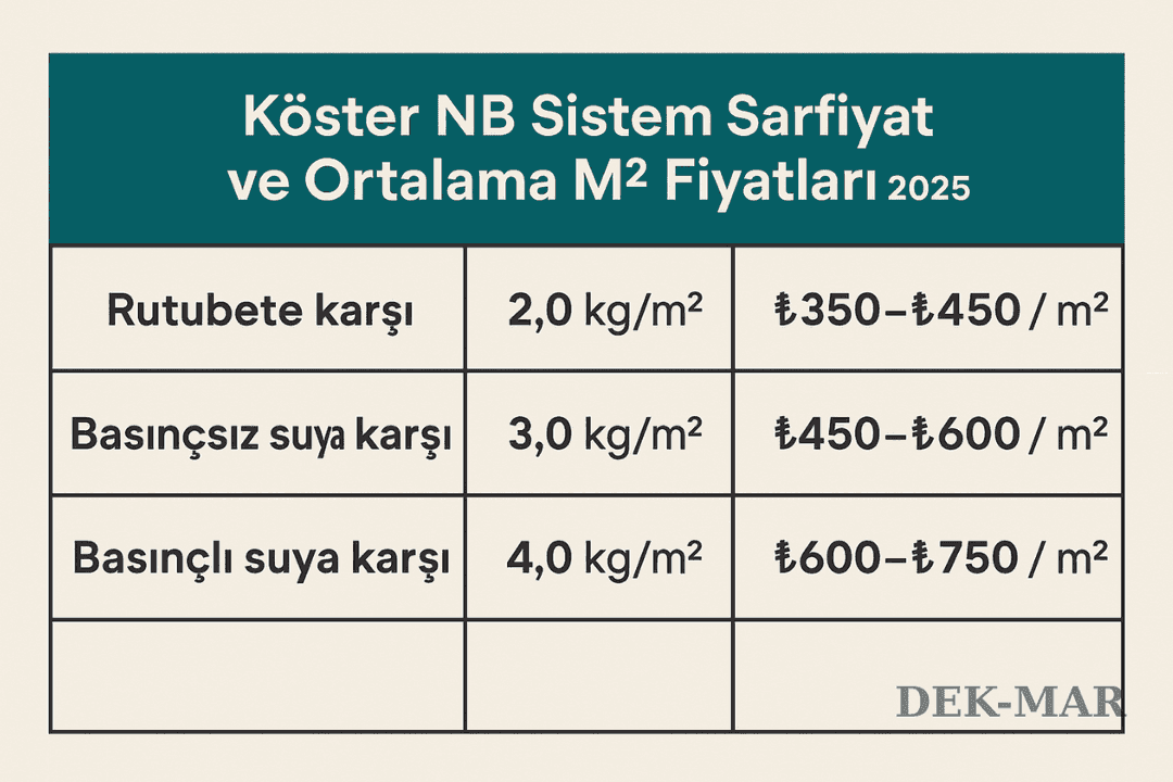 Köster NB Sistem 2025 sarfiyat ve m2 fiyat tablosu; rutubet, basınçsız ve basınçlı su yalıtımı karşılaştırması. 