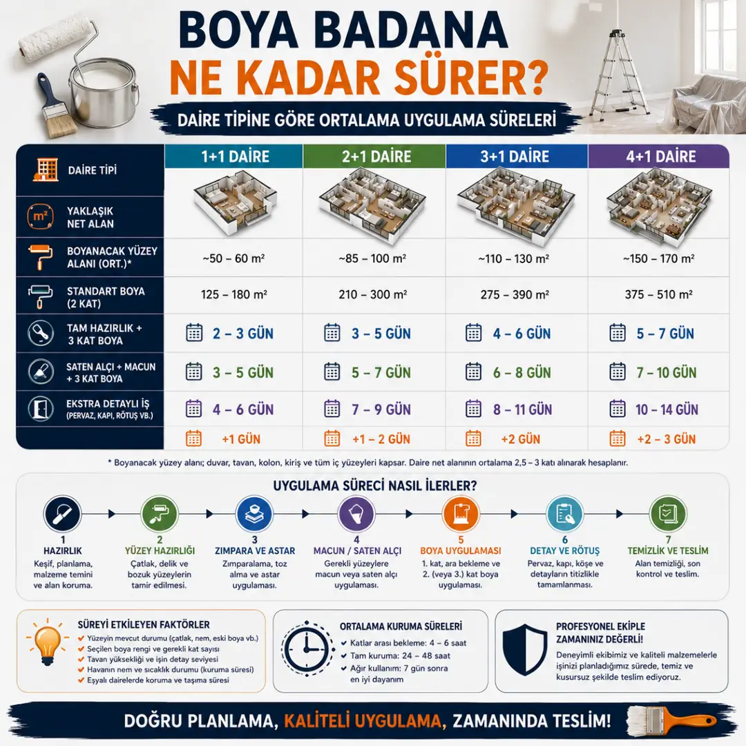 Daire tipine göre boya badana uygulama süresi&nbsp;