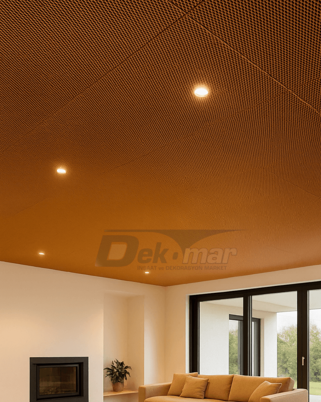 Villa salonunda kullanılan anodize kaplamalı, dekoratif özel renkli hook-on mesh tavan sistemi modern bir görünüm kazandırıyor. 