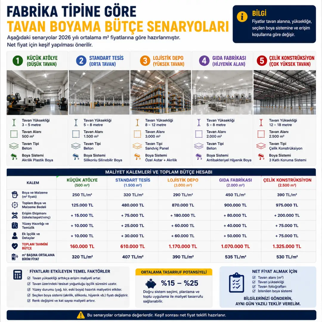 500 m2 1500 m2 3000 m2 fabrika tavan boyama toplam maliyet örnekleri