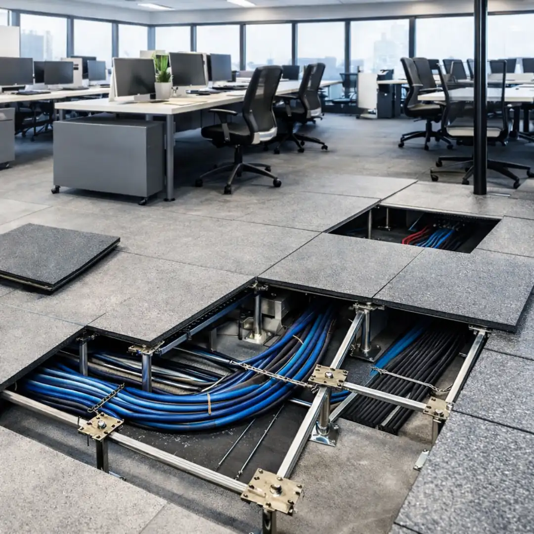 Ofis projelerinde kullanılan yükseltilmiş döşeme sistemi ve kablo altyapı yönetimi&nbsp;