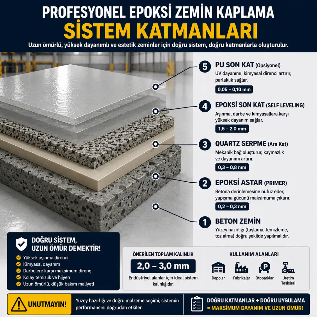 Profesyonel epoksi kaplama sistem katmanları astar ara kat ve son kat şeması&nbsp;