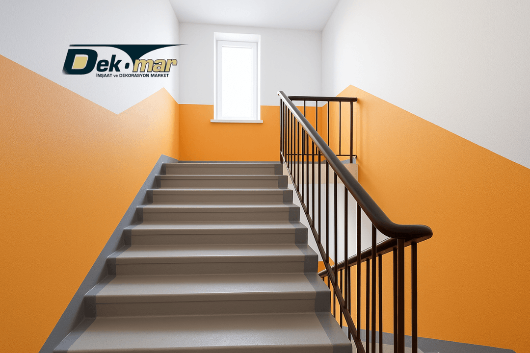 Turuncu ve beyaz renk kombinasyonuyla boyanmış, temiz ve modern apartman merdiveni, gün ışığında aydınlanmış. 