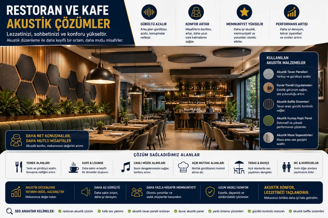 Ahşap desenli akustik baffle tavan kullanılan restoran iç mekânı&nbsp;