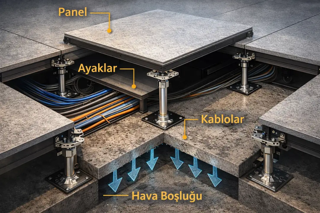 Yükseltilmiş döşeme sistemi teknik kesit ve altyapı şeması&nbsp;