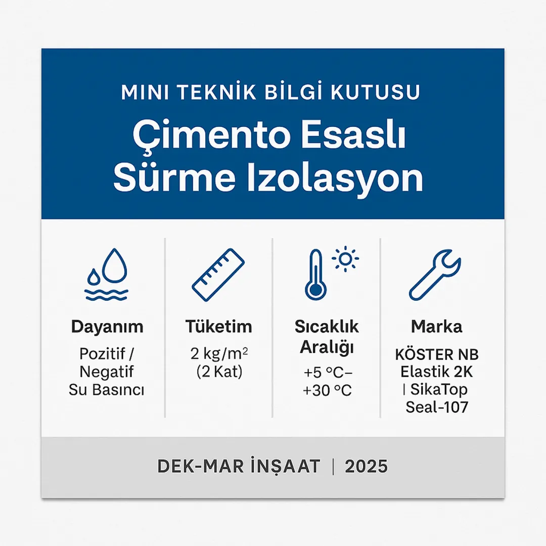 Çimento esaslı sürme izolasyon teknik bilgileri ve uygulama detayları – Dek-Mar 2025