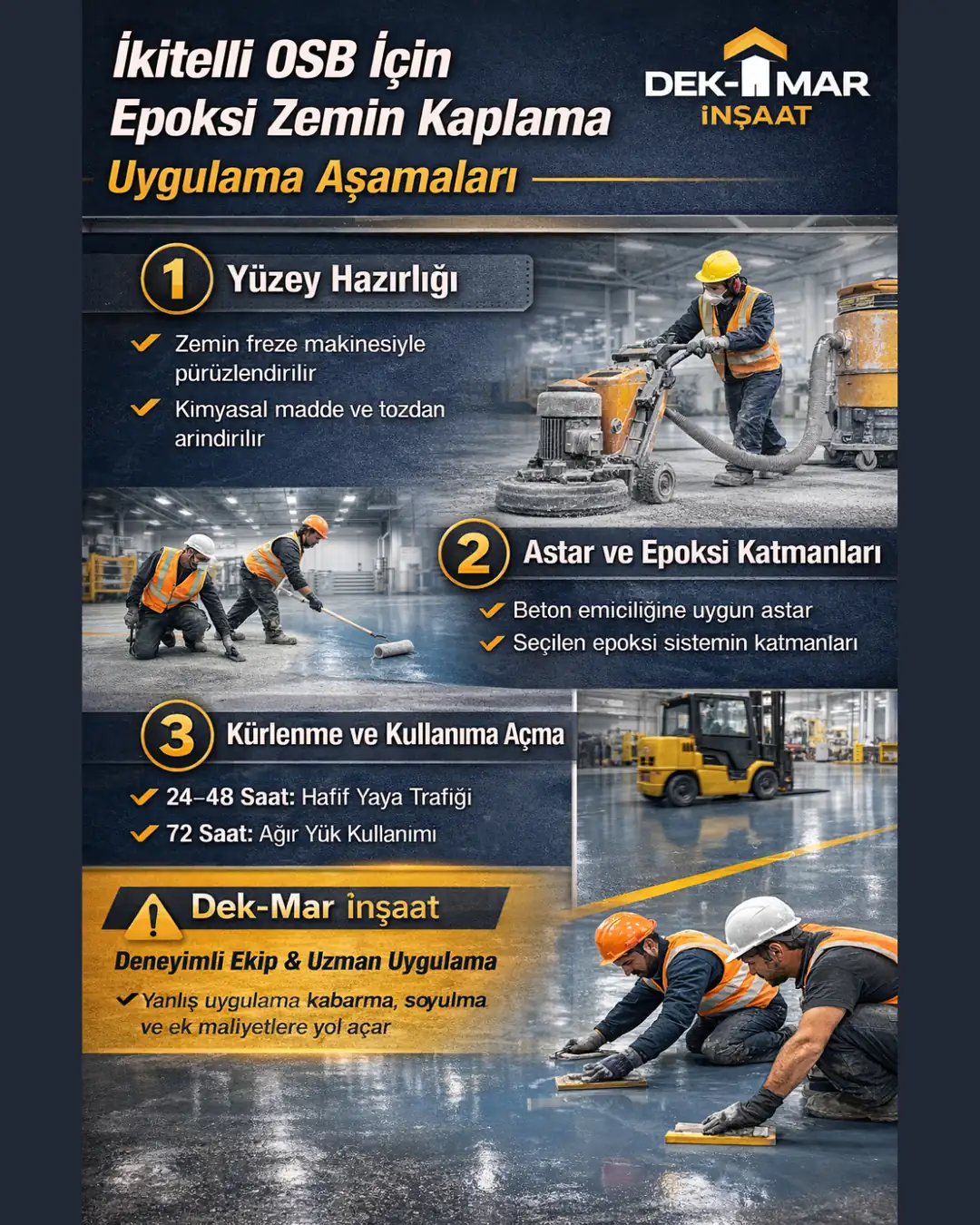 İkitelli OSB epoksi zemin kaplama uygulama aşamaları, yüzey hazırlığı ve katmanlı sistem anlatımı.&nbsp;